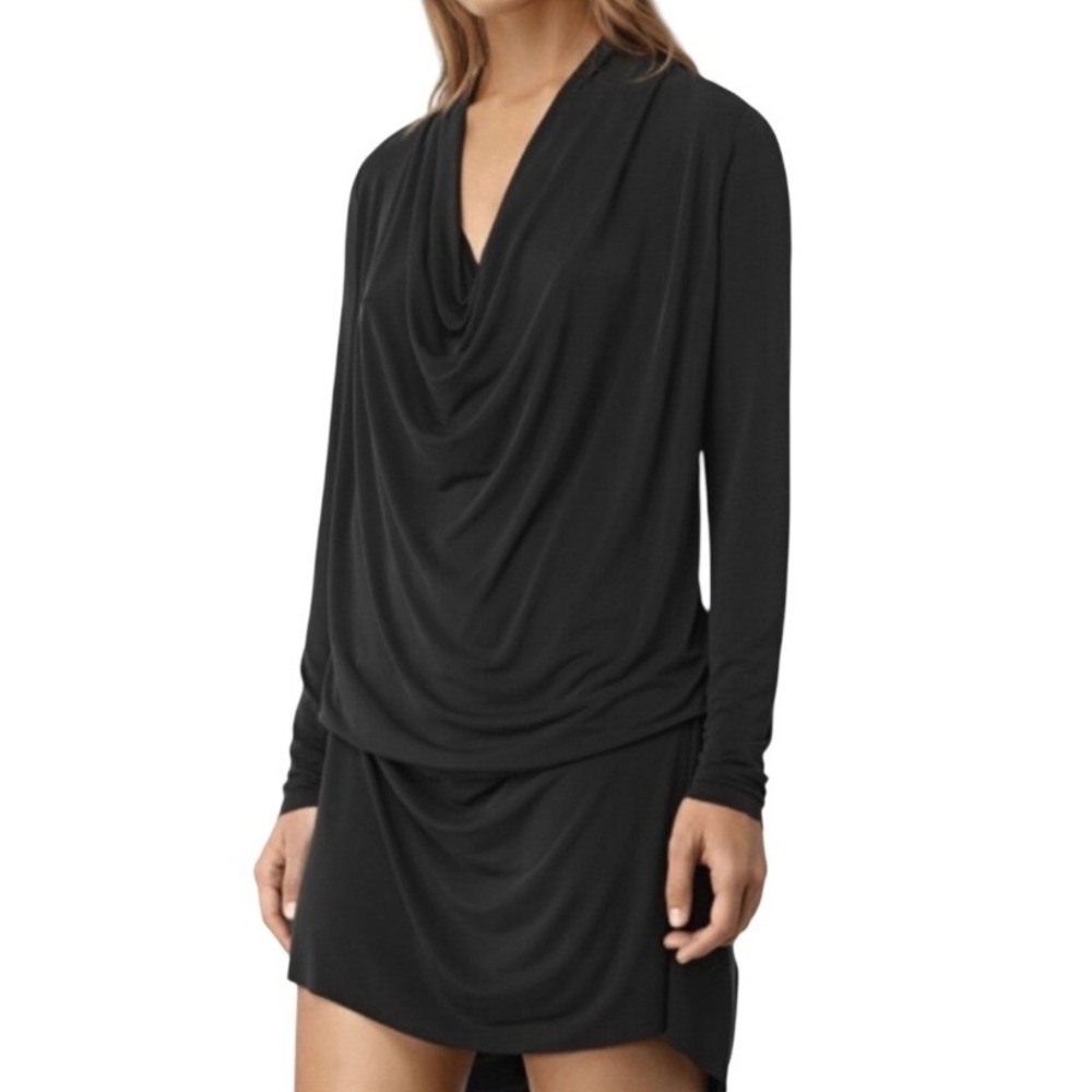 AllSaints‎ Amei LS Drape Neck Dress Women 10 Black Cowl Neck Formal Cocktail